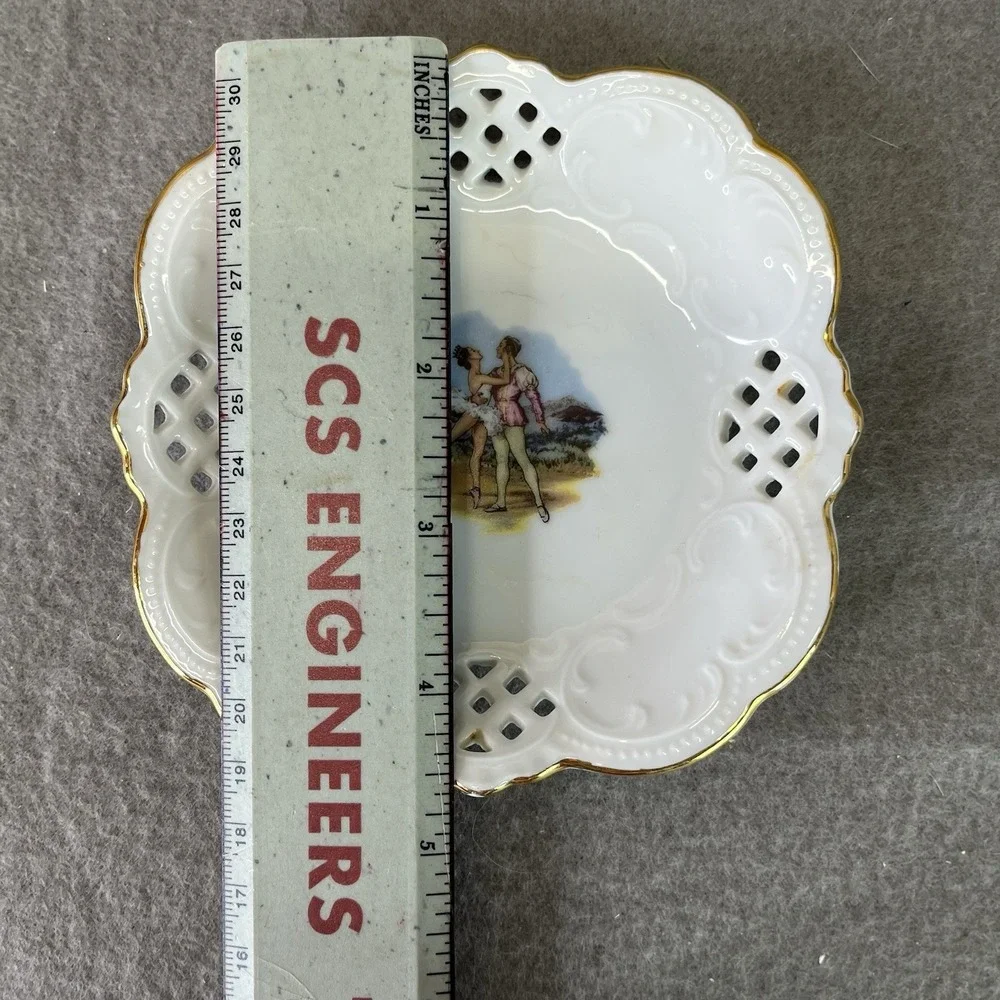 Vintage Reticulated Porcelain Trinket Dish Ballerina Couple Gold Gilt RD Mark